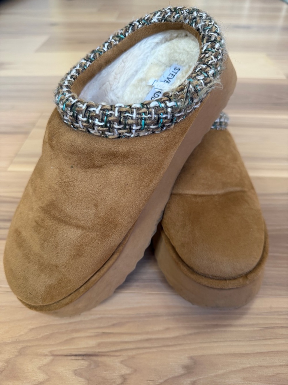 Steve Madden Camel Suede Platform Mule with Tweed Trim